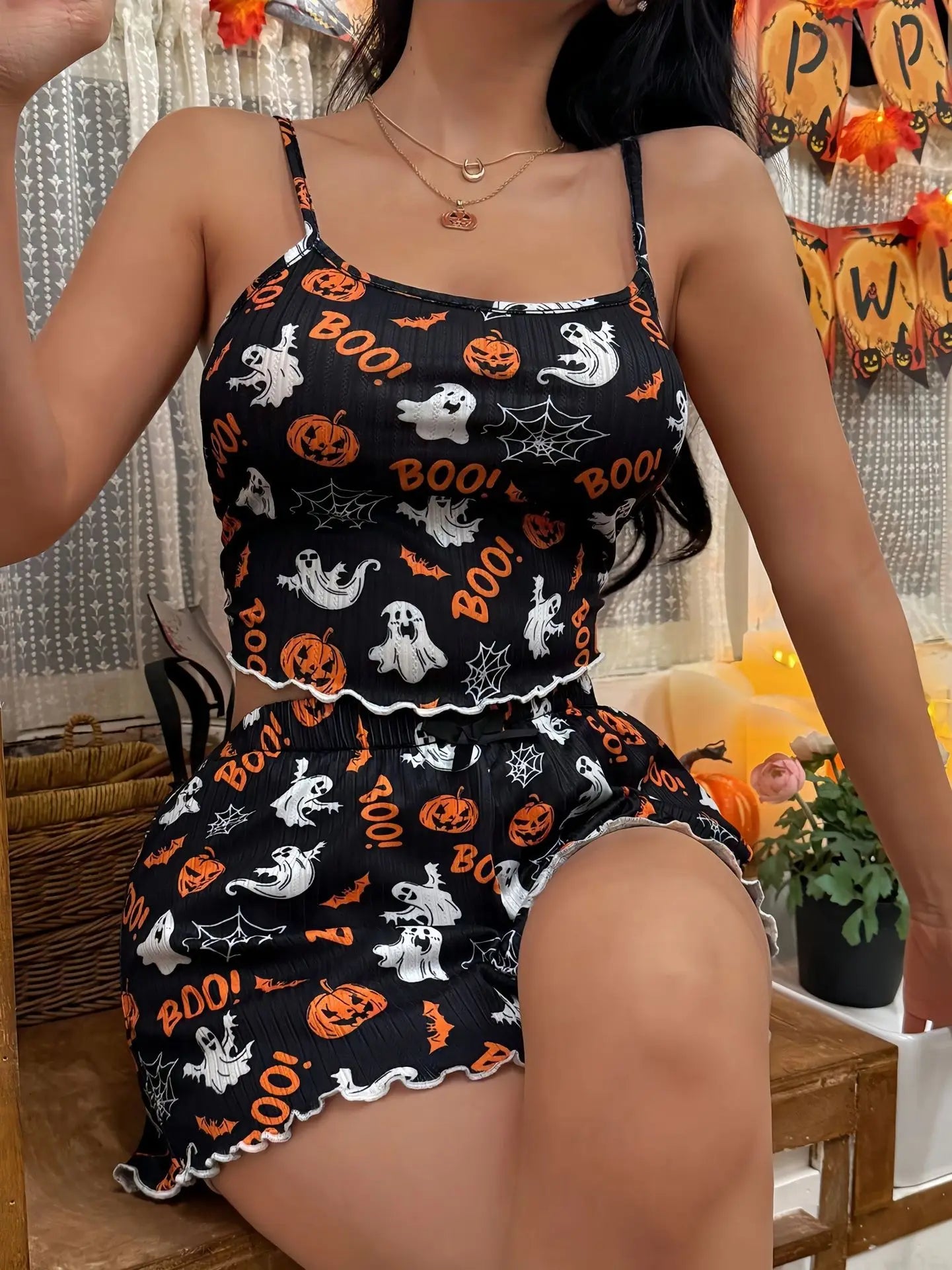 Pumpkin Print Two Piece Sleepwear