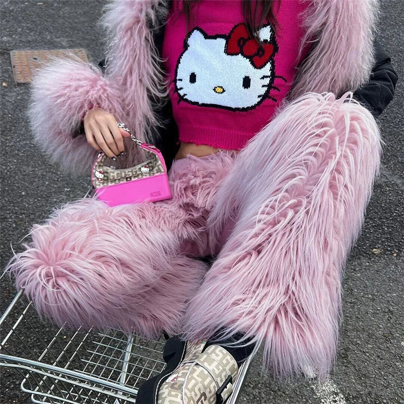 Street Fashion Pink Fur Plush Loose Pants