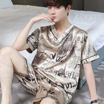 Summer Men's Pajamas Silk Pullover Shorts Two Piece Set
