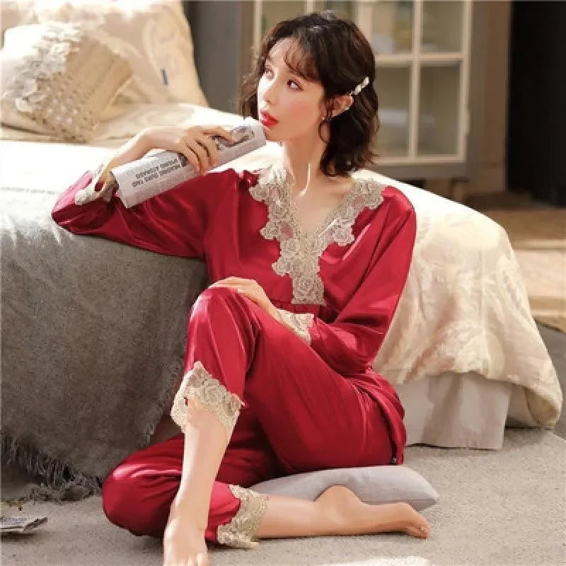 Ice Silk Pajamas Women Long Sleeve
