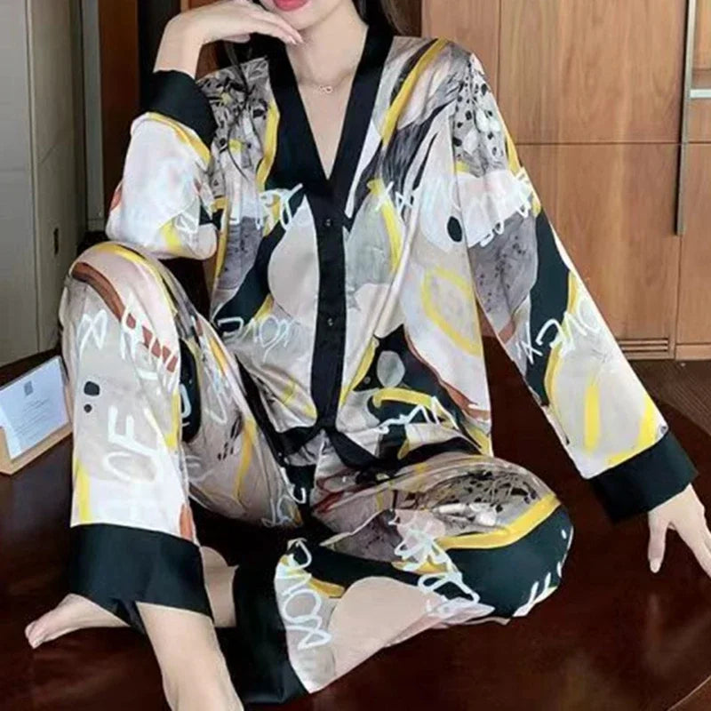Ladies Pajamas Spring Autumn Faux Silk Pajama Sets