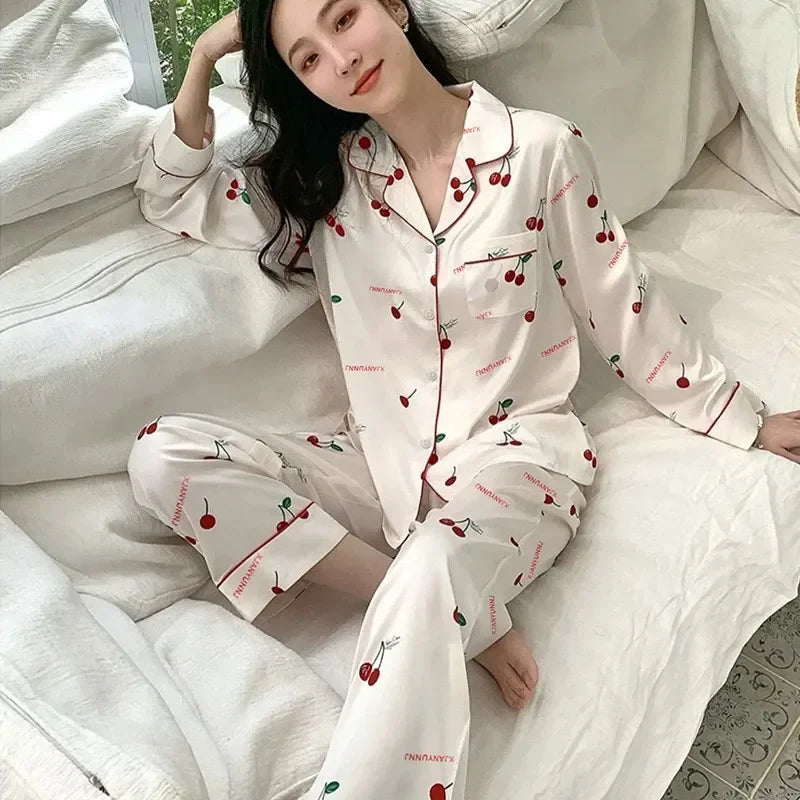 Ice Silk Pajamas Women Long Sleeve