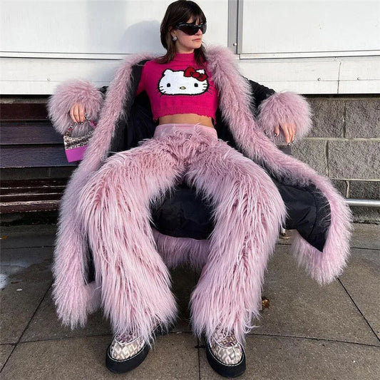 Street Fashion Pink Fur Plush Loose Pants