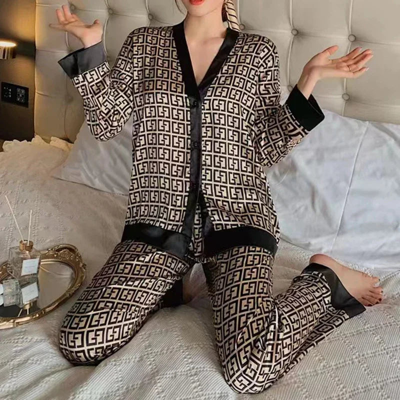 Ladies Pajamas Spring Autumn Faux Silk Pajama Sets