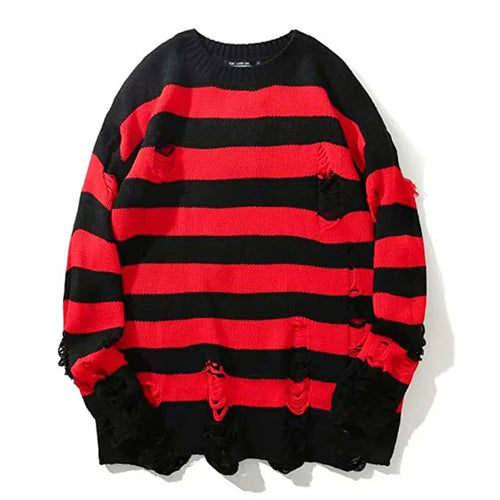 Black Stripe Ripped Knitted Sweater