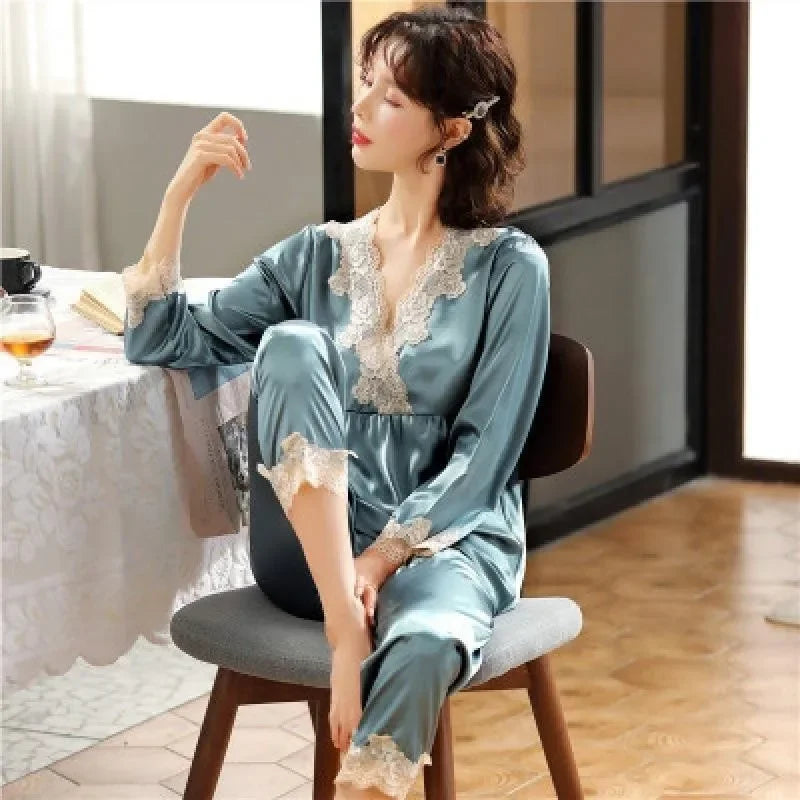 Ice Silk Pajamas Women Long Sleeve