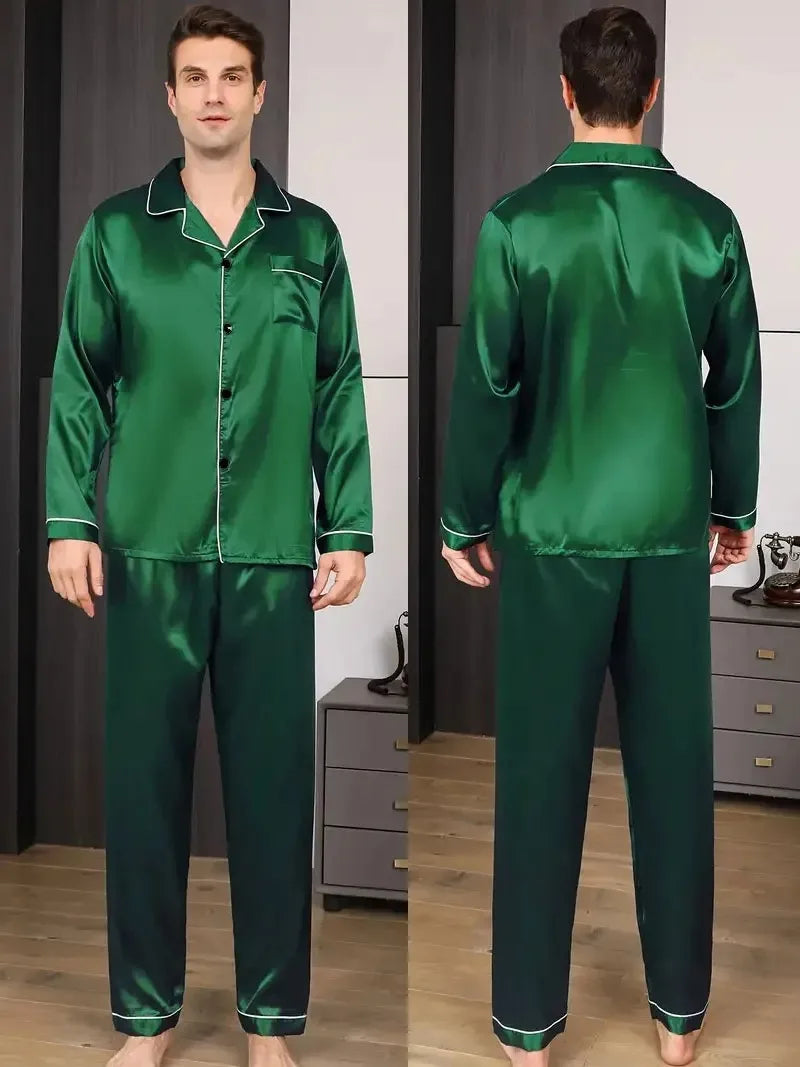 Men Pajamas Set Silk Satin Nightwear