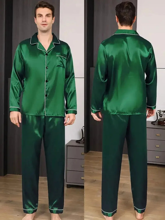 Men Pajamas Set Silk Satin Nightwear