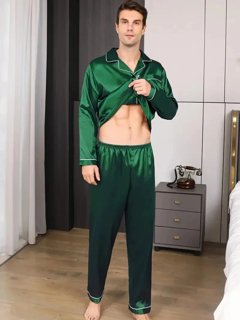 Men Pajamas Set Silk Satin Nightwear