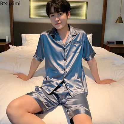 2024 Men's Casual Sleepwear Silk Pajamas Pants Set