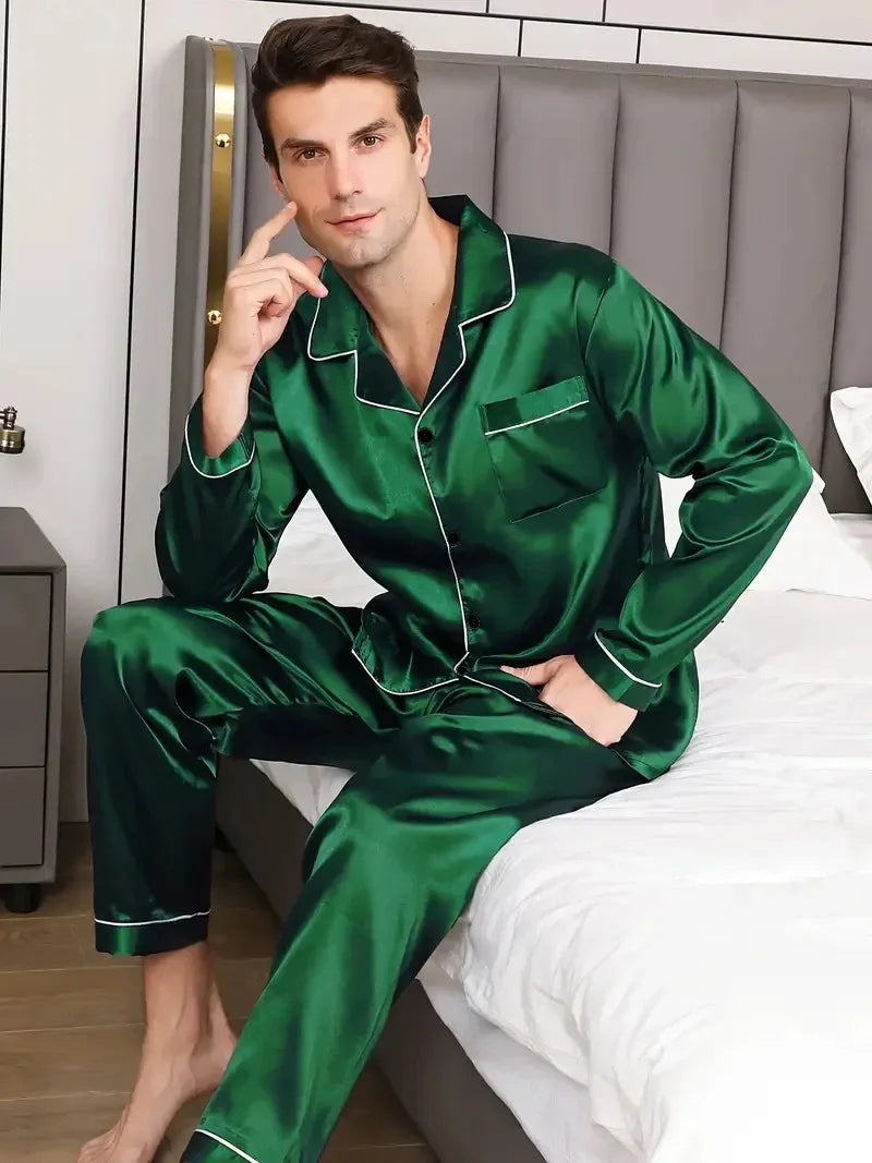 Men Pajamas Set Silk Satin Nightwear