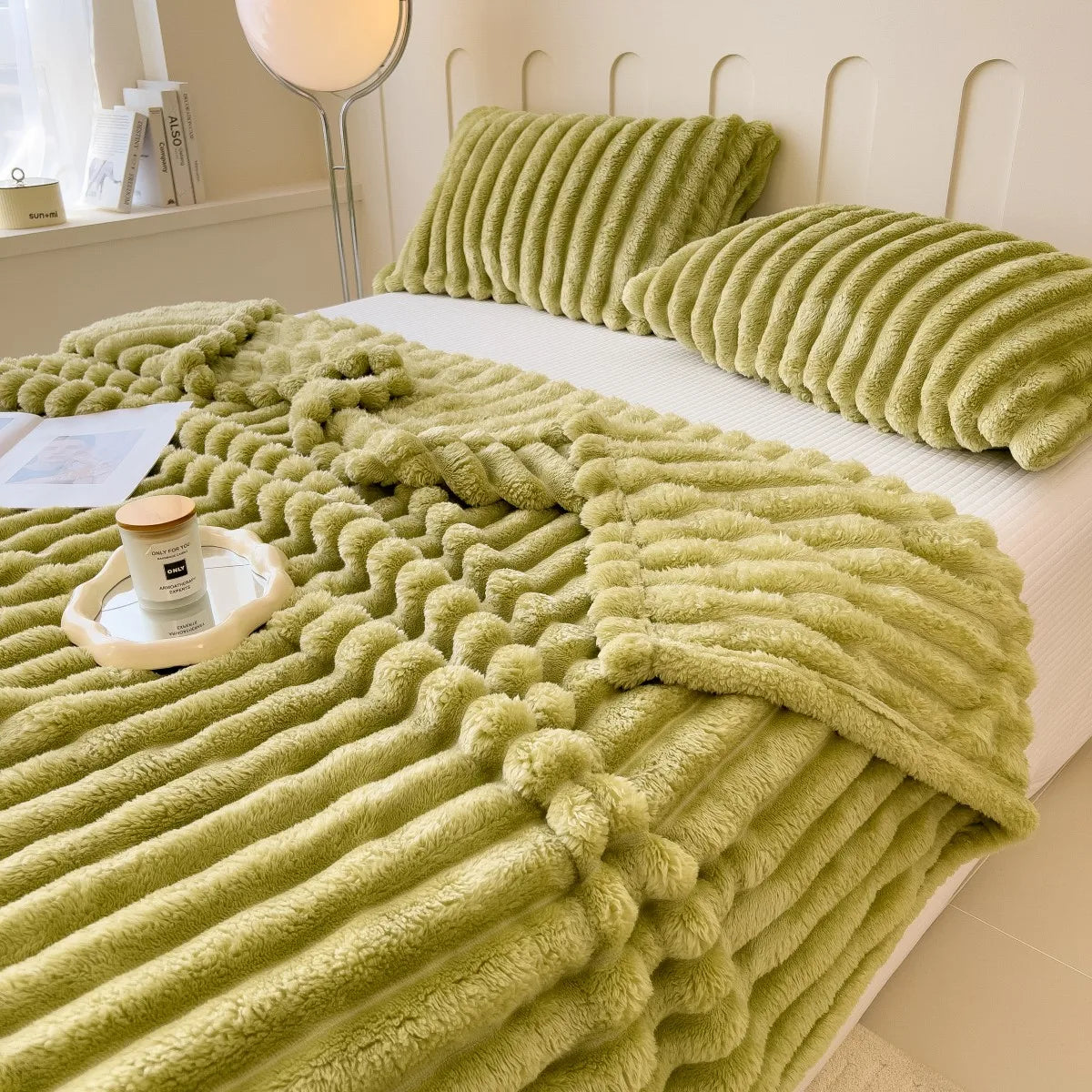 Solid color thickened wide striped multifunctional blanket