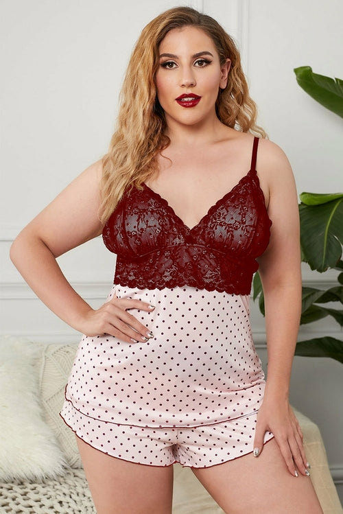 Polka Dot Lace Top and Shorts Plus Size Pajamas Set