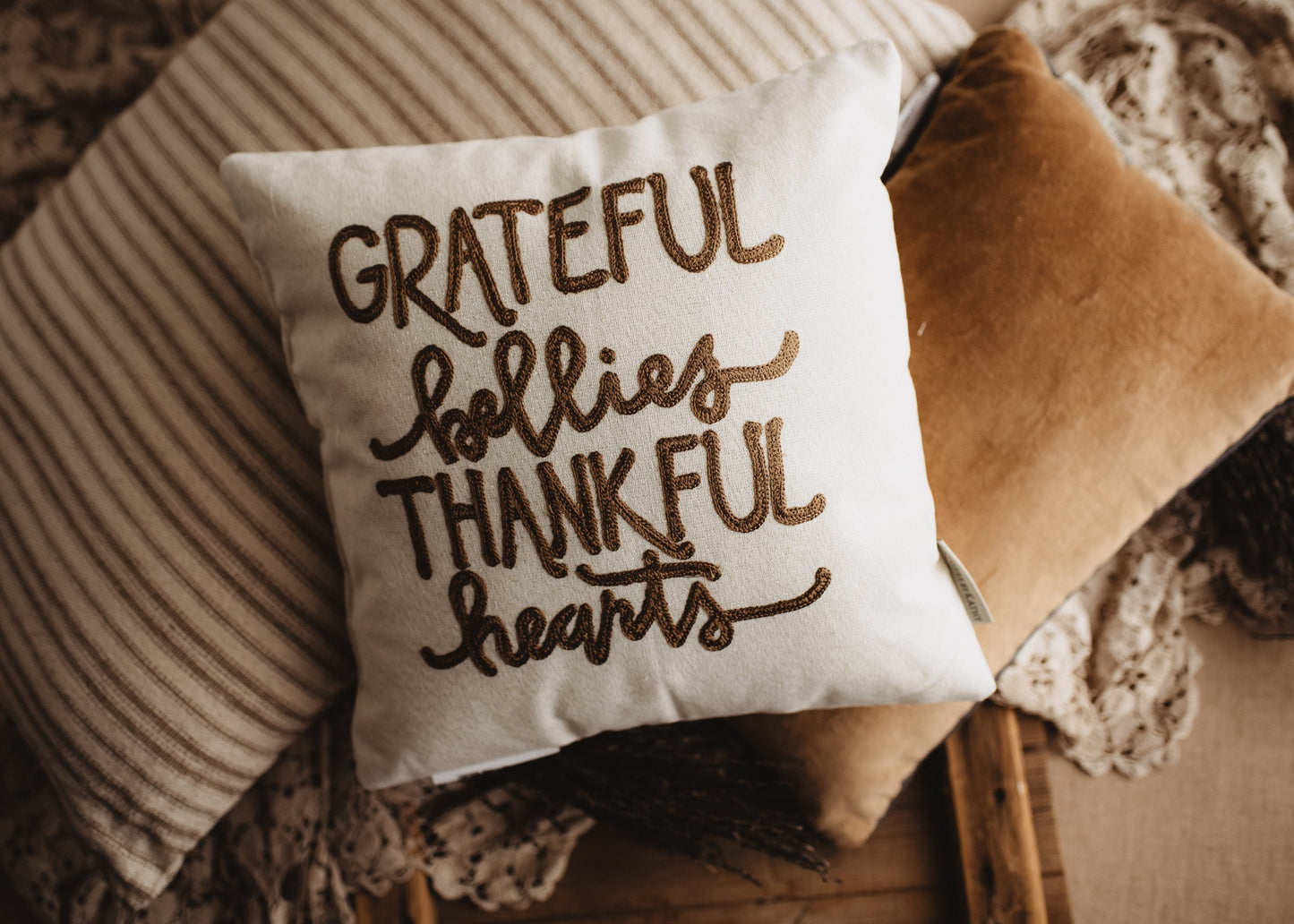 Grateful Bellies Thankful Hearts Thanksgiving Pillow