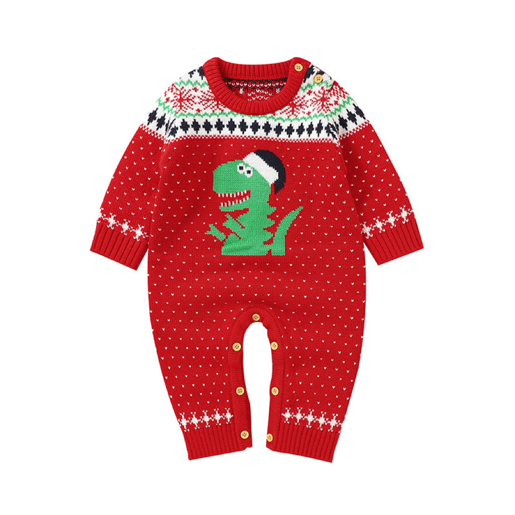 Baby Dinosaur And Dot Print Ugly Christmas Sweater Romper