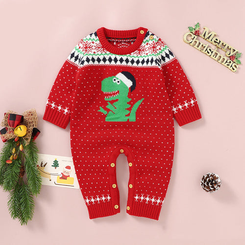 Baby Dinosaur And Dot Print Ugly Christmas Sweater Romper